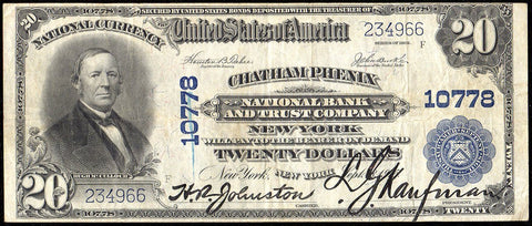 1902 Plain Back $20 Chatham Phenix National Bank & Trust, NY Charter 10778 ~ Very Fine