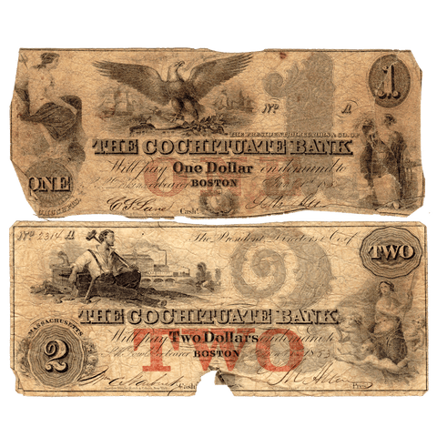 Pair of 1850s $1 & $2 Cochituate Bank of Boston, MA Broken Bank Notes