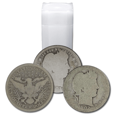 Avg. Circulated 40-Coin Barber Quarter Rolls (90% Silver) - FR to VG (Date Visible/No Culls)