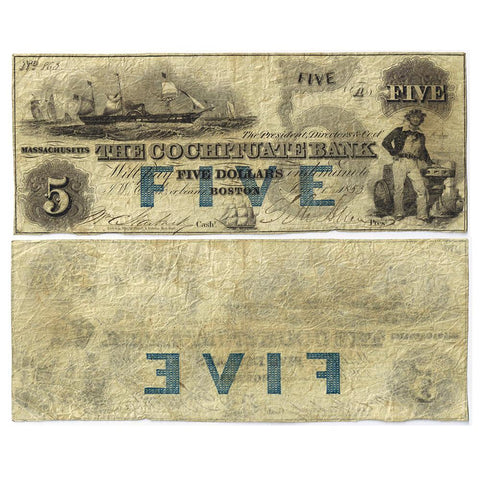 1853 Cochituate Bank $5 with Blue Overprint Boston, Massachusetts MA-130 - Fine
