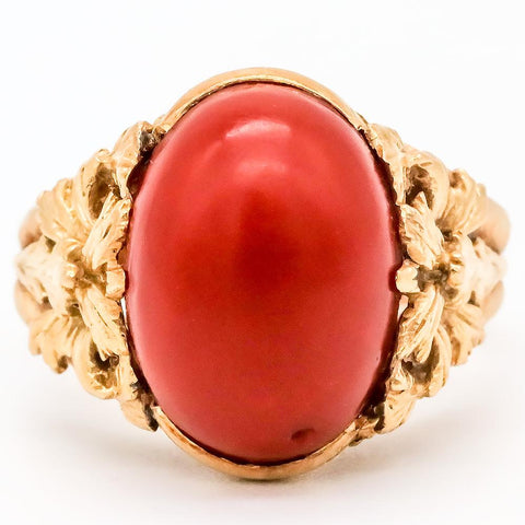 Antique 18K Gold Natural Oxblood Red Coral Ring - Size 6 1/2