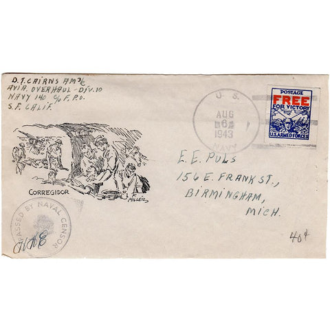 Aug 6, 1943 - Corregidor Patriotic Cover, Custom Free Mail Stamp, Censor Ex-Puls