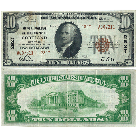 1929 T.2 $10 2nd National Bank & Trust Co. of Cortland, NY Charter 2827 ~ Very Fine