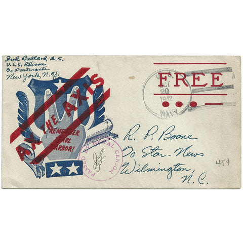 October 20, 1942 - Ax The Axis Patriotic Cover - Free Postage (USS Edison)