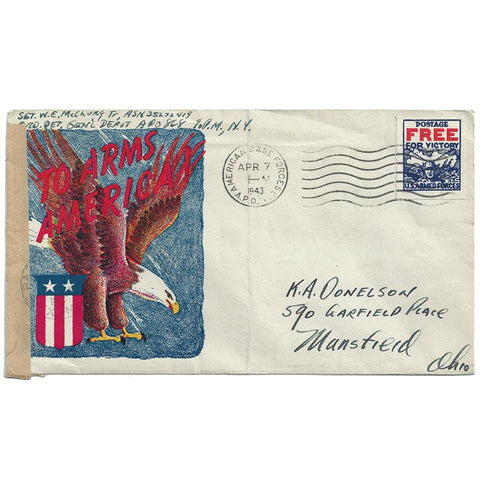 April 7, 1943 - To Arms America Patriotic Cover - Custom Free Mail Stamp (Censored)