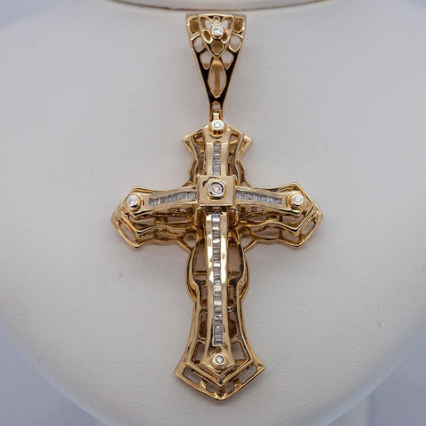 Large Italian 10K Gold and Diamond Cross Pendant circa 1970s