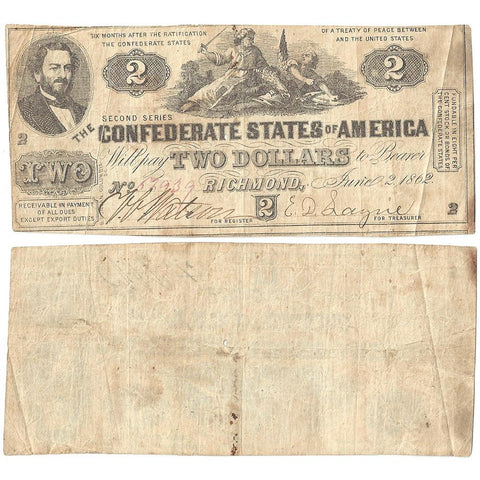 T-42 Jun. 2 1862 $2 Confederate States of America (C.S.A.) - Fine/Very Fine