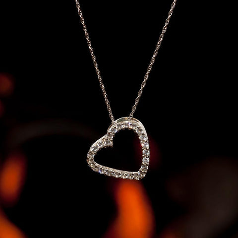 14K White Gold CZ Heart Necklace on 18" 14K White Gold Chain