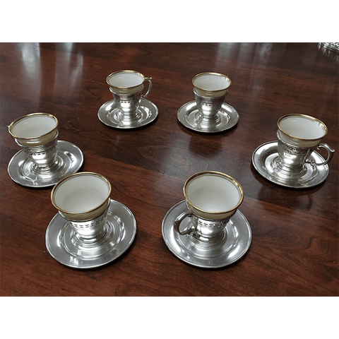 Set of Six Sterling Demitasse Cups with Lenox Porcelain Liners and Sterling Trays, Flower Basket Motif