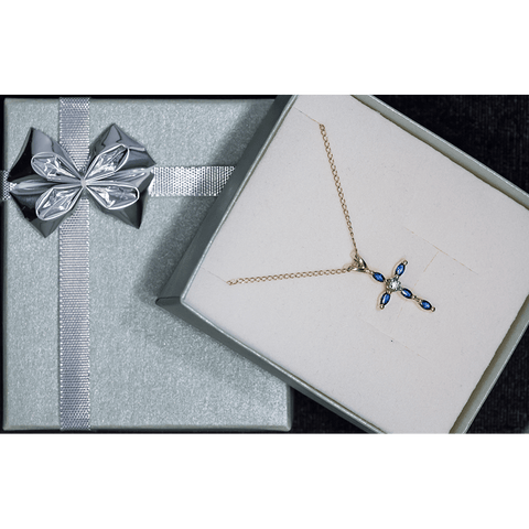 Pretty 16" 14K Gold Diamond and Sapphire Cross Necklace