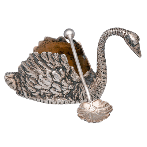 Large .800 Silver Swan Salt Cellar With Spoon, Missing Glass Insert