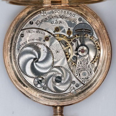 1906 Elgin GF Pocket Watch - 15 Jewel, Model 3, Size 12s Die Engraved Case & Includes Chain