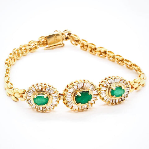 Emerald and Diamond 14K Gold Bracelet - 7" With Secure Clasp
