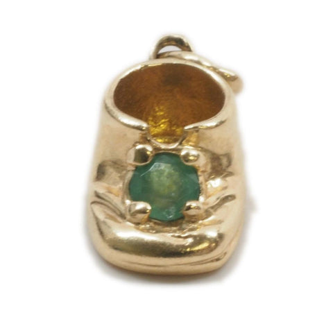 14K Gold Baby Shoe Emerald May Birthstone Charm