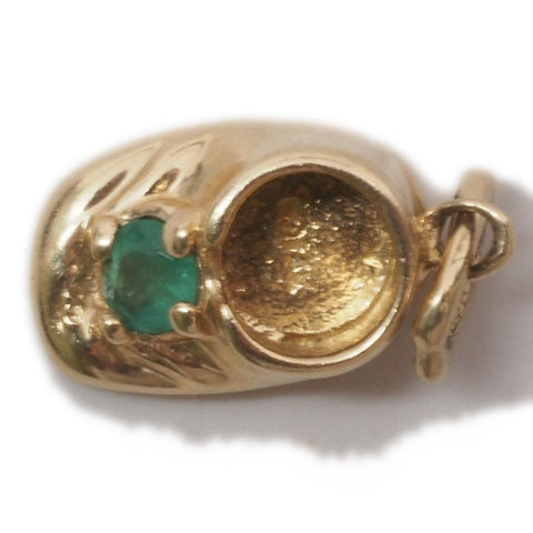 14K Gold Baby Shoe Emerald May Birthstone Charm