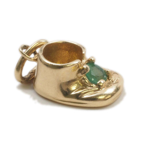 14K Gold Baby Shoe Emerald May Birthstone Charm
