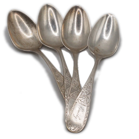 Cantfield Bros. & Co Set of 4 Coin Silver Scroll Work Spoons