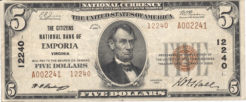 Tough 1929 T.2 $5 Citizens National Bank of Emporia, VA Charter 12240 ~ Very Fine