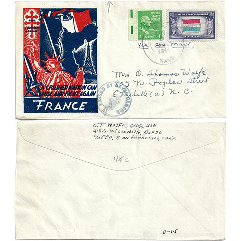 Nov 5, 1944 Fight Again France Glossy Cachet Patriotic Cover USS Wisconsin