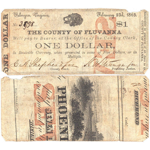 1863 $1 County of Fluvanna, Palmyra, Virginia CF06-04A ~ Very Good