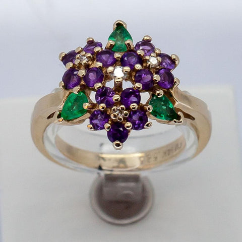 Vintage Franklin Mint 14K Gold Diamond, Emerald and Amethyst Floral Burst Ring, Size 8 1/2