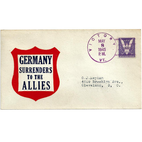May 8, 1945 Germany Surrenders Patriotic Cover Victory, VT Cancel