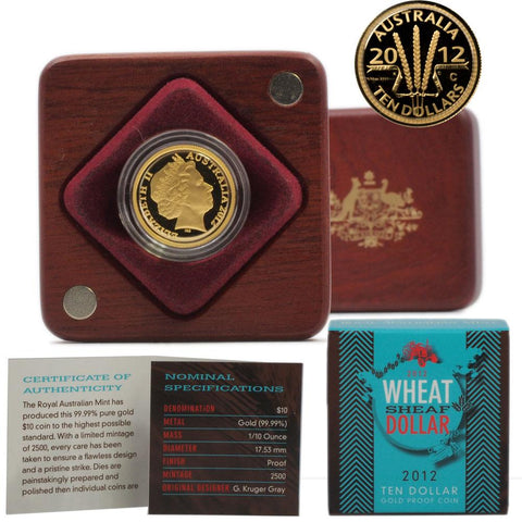 2012 Australia 1/10th OZ $10 "Wheat Sheaf" Gold Proof Coin - Gem Proof in OGP