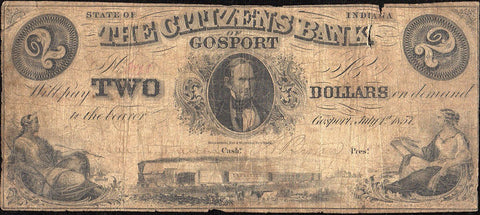 1857 $2 Citizens Bank of Gosport Indiana - Good/Very Good