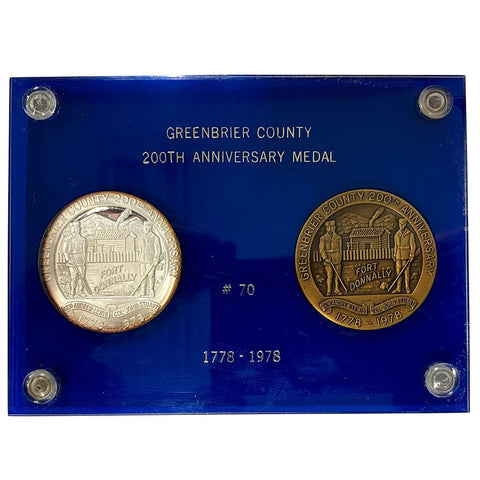 1978 Bronze & .999 Silver Greenbrier County, WV Bicentennial Medal Set - Gem in Lucite