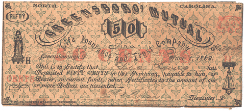1862 50c Greensboro Mutual Life Insurance & Trust - Greensburough, NC - VF/XF