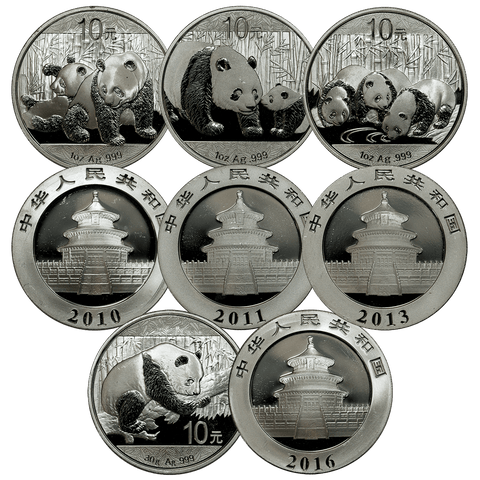 Group of Four Imperfect China 10 Yuan Silver Pandas (2010, 11, 13, 16)- Imperfect Uncs