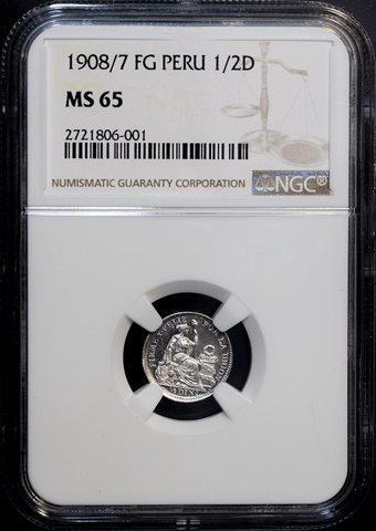 1908/7-FG Peru Silver 1/2 Dinero KM.206.2 - NGC MS 65 - Gem Uncirculated