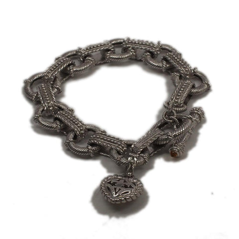 Judith Ripka Sterling Silver Textured Link Bracelet w/ C2 Heart & Toggle 8"