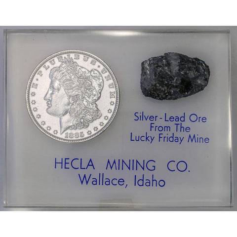 Helca Mining "Lucky Friday Mine" 1885-O Morgan Dollar & Silver Lead Ore Paperweight