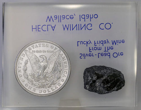 Helca Mining "Lucky Friday Mine" 1885-O Morgan Dollar & Silver Lead Ore Paperweight