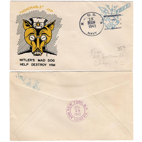 Jun 18, 1943 - Hitler's Mad Dog Patriotic Cover, Custom Free Mail Stamp Navy CDS
