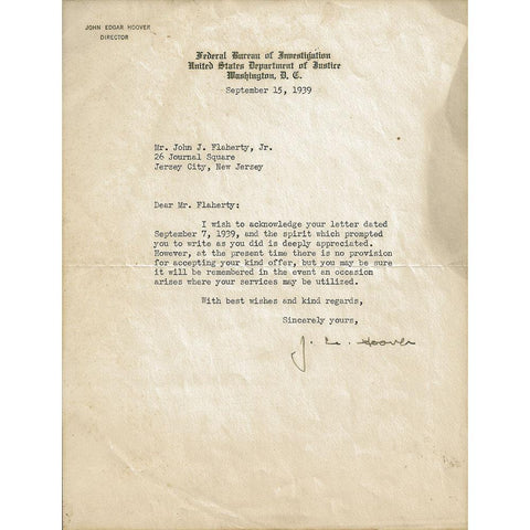 J. Edgar Hoover Typed & Signed Letter Dated Sept. 15, 1939