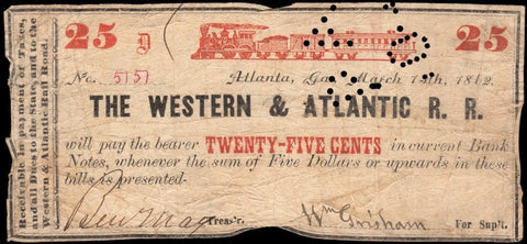 1862 Western & Atlantic Rail Road 25¢ Note (Uniface/Stamp Canceled) ~ Very Good (Margin Issues)