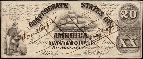 T-18 1861 Contemporary Counterfeit $20 Confederate States of America Note (CT-18/107A-1) ~ Crisp Very Fine