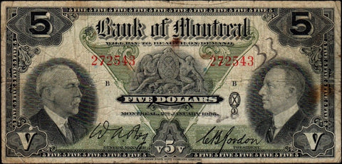 1935 Bank of Montreal $5 Bog/Gordon (Ch. 505-60-02) ~ Very Good/Fine