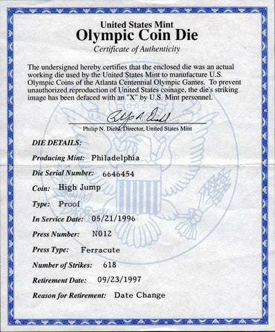 1996-P $1 Olympic High Jump Proof Cancelled Coin Die - Superior Gem Proof