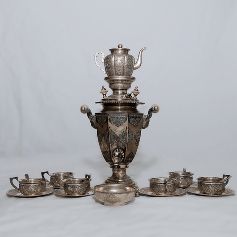 19-Piece Silver Iranian Tea Set - .800 Silver - Heater, Pot, Cups, Saucers, Spoons, Bowl