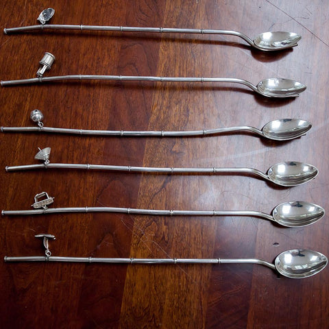 Set of 6 Vintage Sterling Silver Mint Julep / Iced Tea Spoon Straws with Charms
