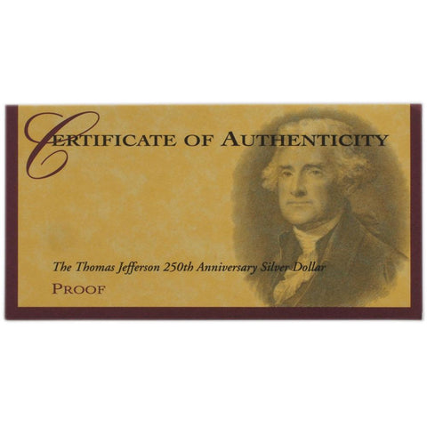 1993 Thomas Jefferson 250th Anniversary Silver Proof - Gem Proof w/ COA