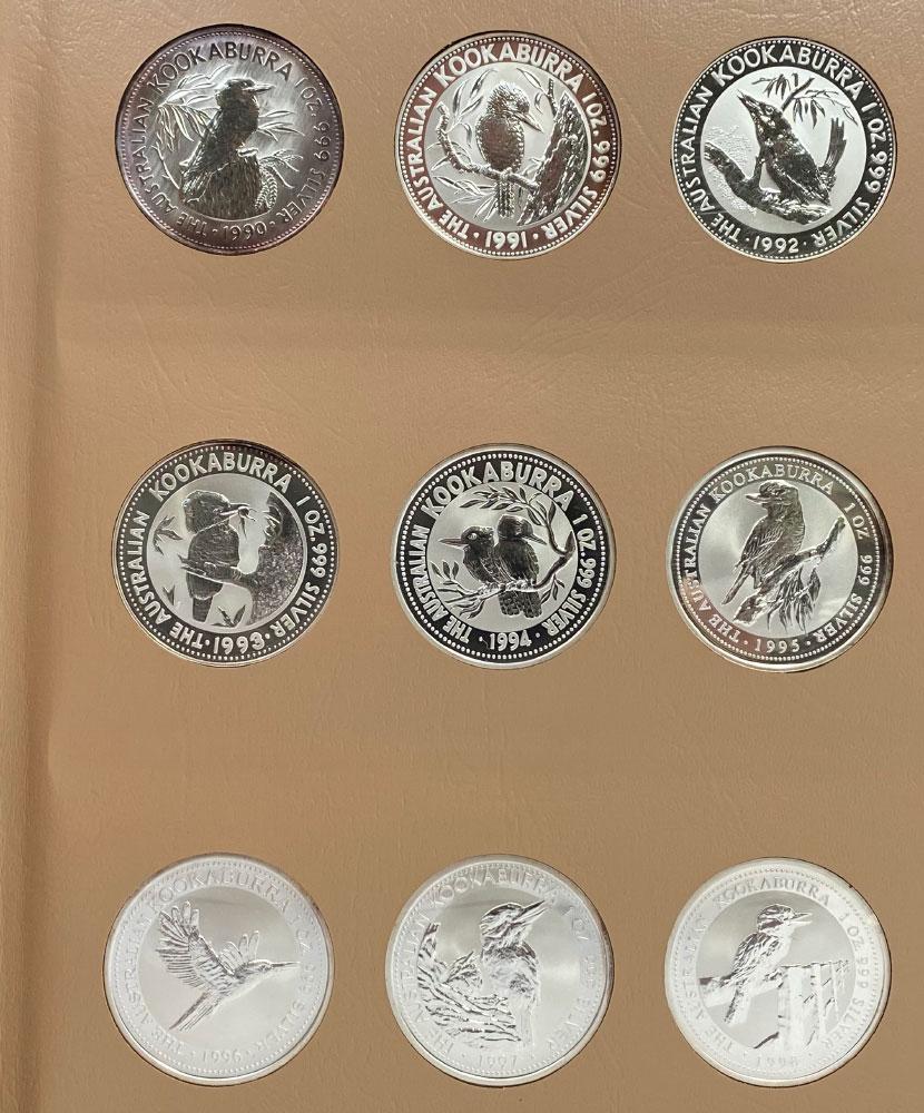 1990-2017 28-Coin Kookaburra 1oz Silver Set - Gem Coins in Repurposed Dansco