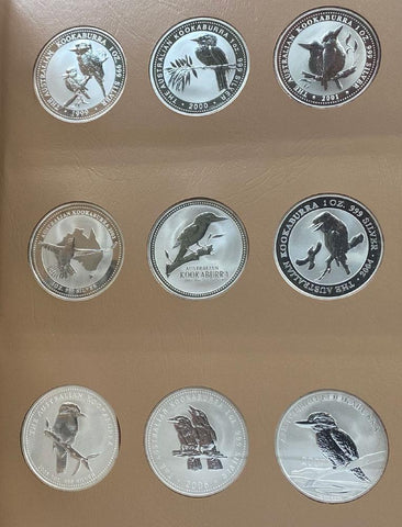 1990-2017 28-Coin Kookaburra 1oz Silver Set - Gem Coins in Repurposed Dansco