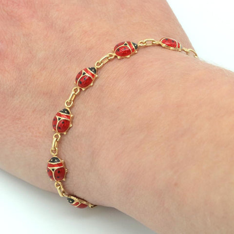 14K Gold Enamel Ladybug Bracelet - 7" Long