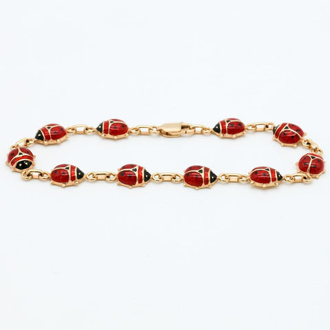 14K Gold Enamel Ladybug Bracelet - 7" Long