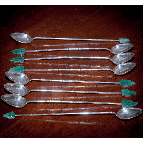 8 Early 20th Century Lee Yee Hing .900 Silver & Jade Bamboo & Buddha Iced Teaspoons