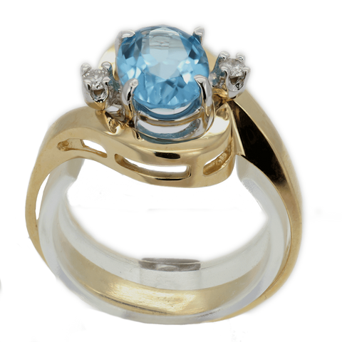 14K Blue Topaz & Diamond Ring, Size 6 3/4